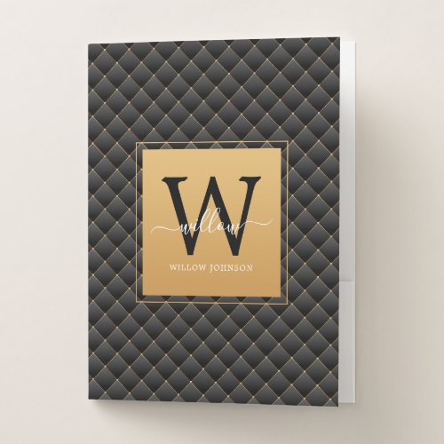 Elegant Black Gold Classy Monogram Initial Script Pocket Folder