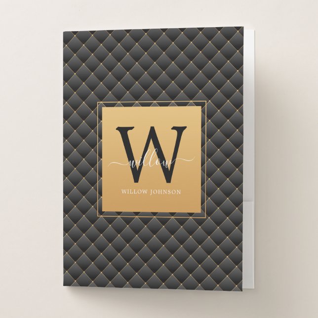 Elegant Black Gold Classy Monogram Initial Script Pocket Folder (Front)