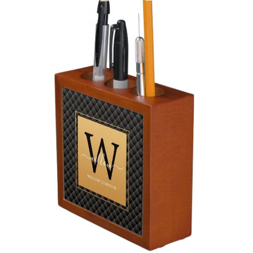 Elegant Black Gold Classy Monogram Luxury Desk Organizer