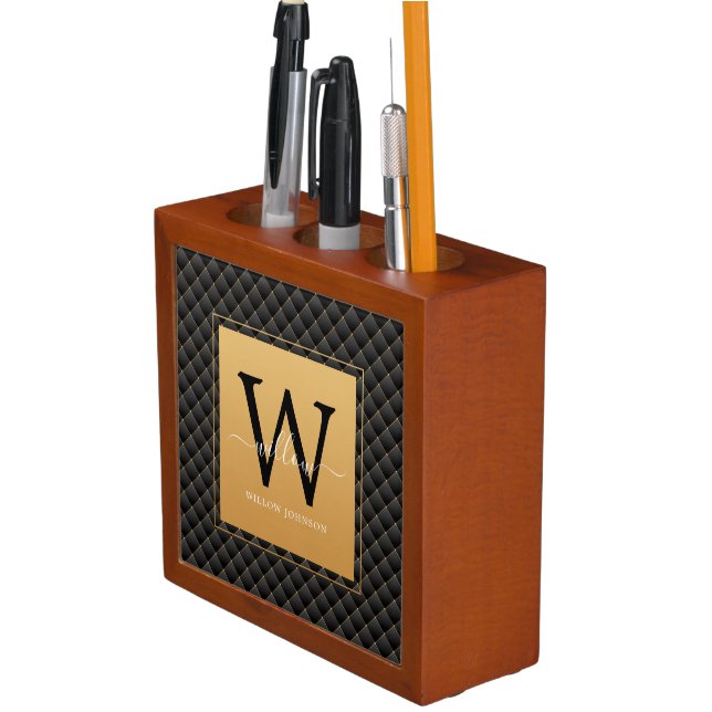 Elegant Black Gold Classy Monogram Luxury Desk Organizer (In Situ)