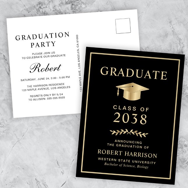 Elegant Black Gold College Graduation Party Invitation Postcard (An elegant college graduation party invitation postcard to celebrate the graduate's achievements)