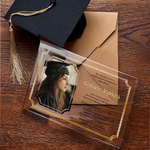 Elegant Black Gold College Univ Graduation Party Acrylic Invitations