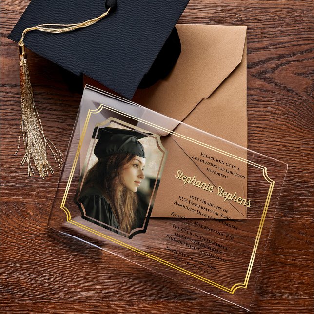 Elegant Black | Gold College Univ Graduation Party Acrylic Invitations (Elegant Black and Gold Tone College or University Photo Graduation Acrylic Announcement | Invitation)