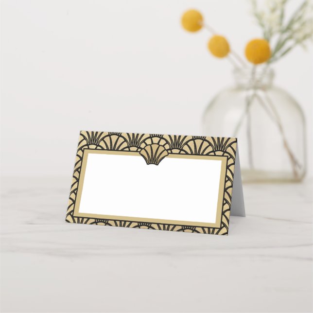 Elegant Black Gold Colored Art Deco Wedding Event Place Card (Front)