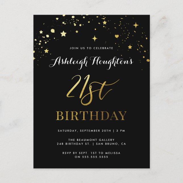 Elegant Black & Gold Confetti 21st Birthday Invitation Postcard (Front)