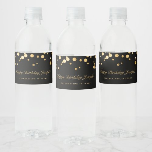 Elegant Black Gold Confetti Birthday Party Water Bottle Label