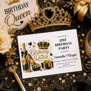 Elegant Black Gold Confetti Birthday Queen Party I Invitation