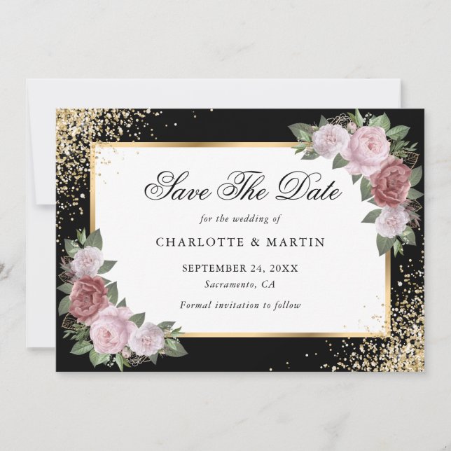 Elegant Black Gold Confetti Blush Floral Wedding Save The Date (Front)