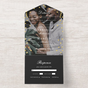 Elegant Black Gold Confetti Dots Photo Wedding All In One Invitation