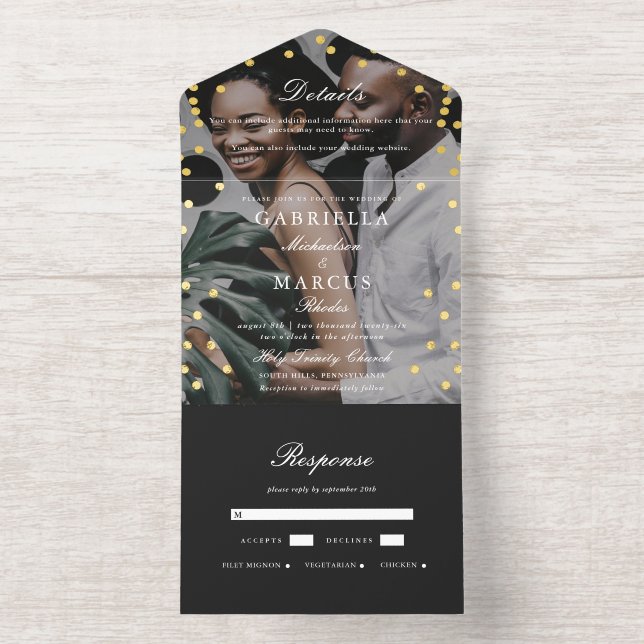 Elegant Black Gold Confetti Dots Photo Wedding All In One Invitation (Inside)
