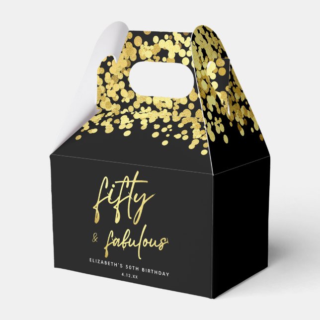 Elegant Black Gold Confetti Fifty and Fabulous Favor Boxes (Front Side)