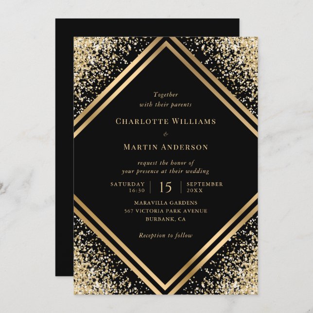 Elegant Black Gold Confetti Geometric Wedding Invitation (Front/Back)