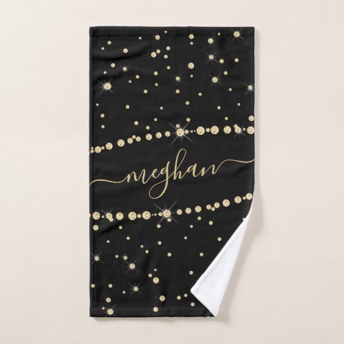 Elegant Black Gold Confetti Glitter Monogrammed Hand Towel