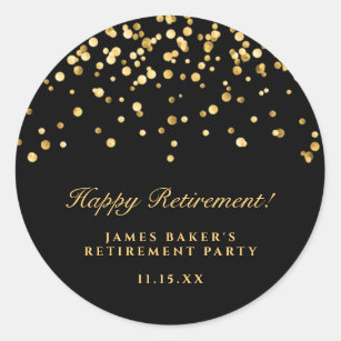 Elegant Black & Gold Confetti Happy Retirement  Classic Round Sticker