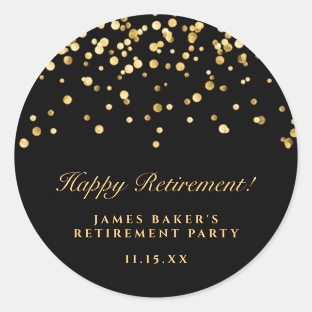 Elegant Black & Gold Confetti Happy Retirement  Classic Round Sticker (Front)