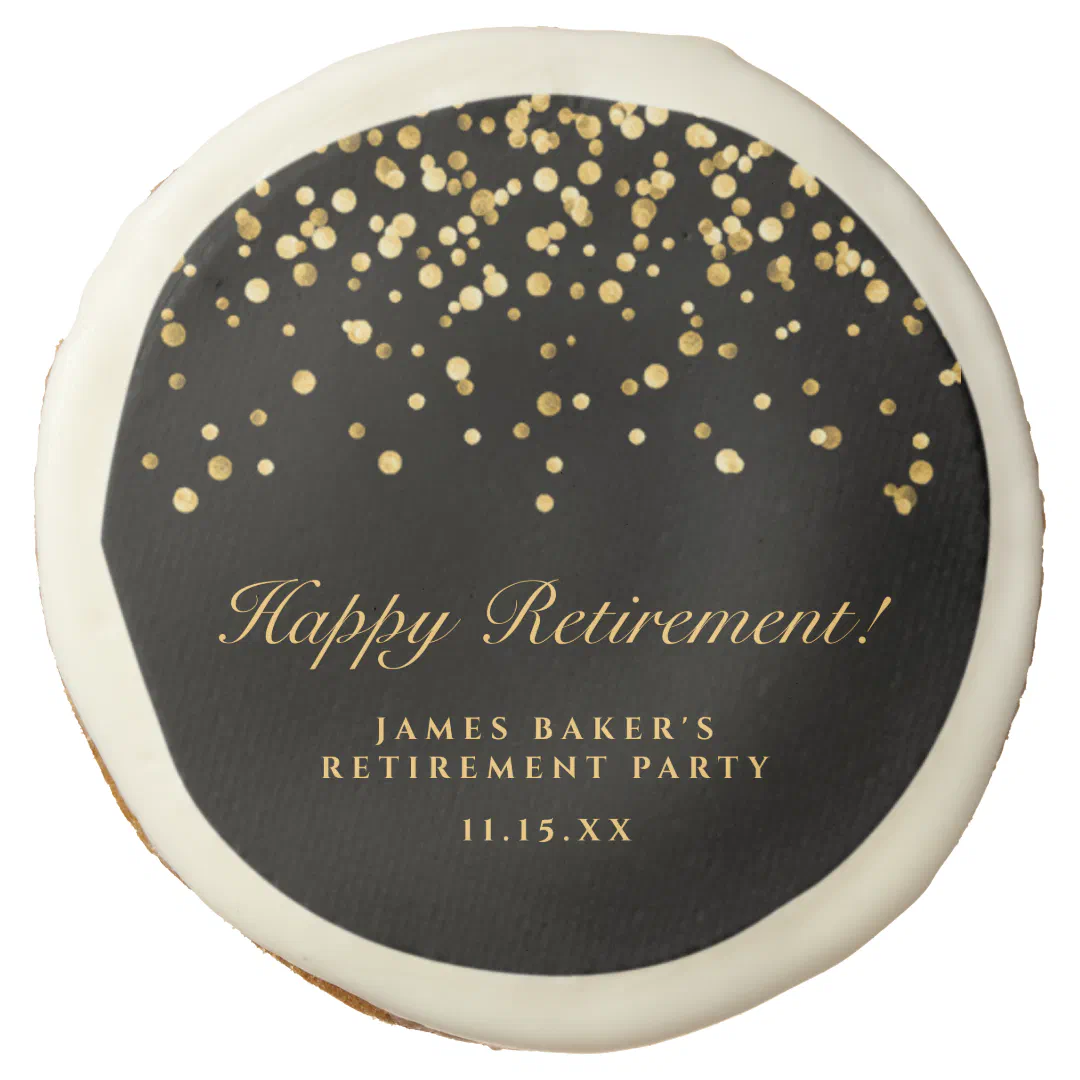 Elegant Black Gold Confetti Happy Retirement  Sugar Cookie (Front)