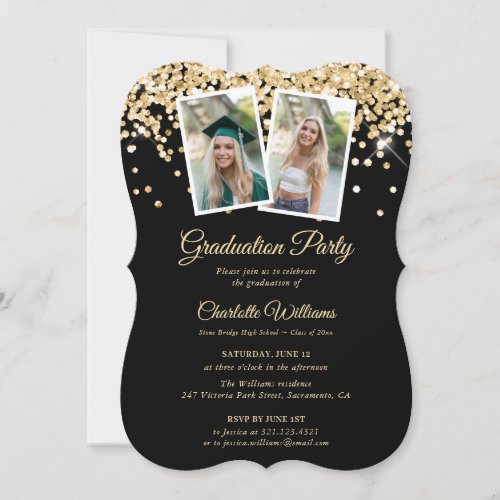 Elegant Black Gold Confetti Photo Graduation Party Invitation