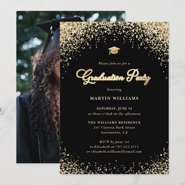 Elegant Black Gold Confetti Photo Graduation Party Invitation (Front/Back)