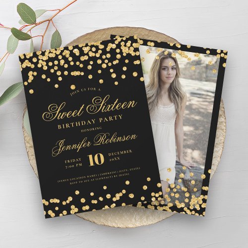 Elegant Black Gold Confetti Photo Sweet 16   Invitation