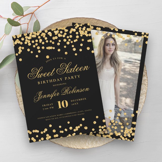 Elegant Black Gold Confetti Photo Sweet 16   Invitation (Elegant Black Gold Confetti Photo Sweet 16 Invitation)