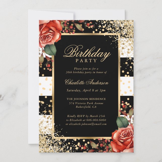 Elegant Black Gold Confetti Red Roses Birthday Invitation (Front)