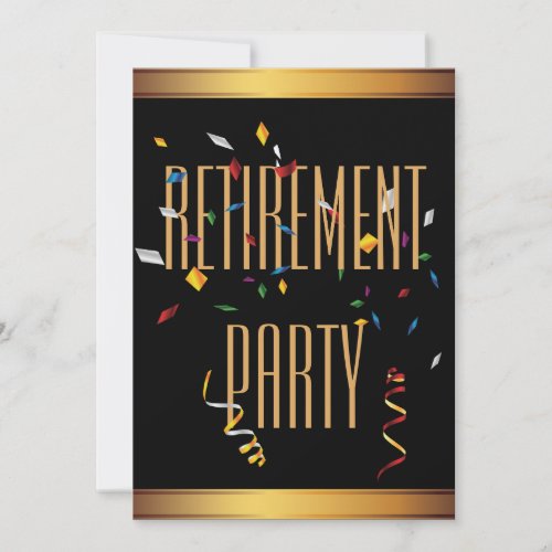 Elegant Black &amp; Gold Confetti Retirement Party Custom Invitation
