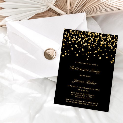 Elegant Black  Gold Confetti Retirement Party  Invitation