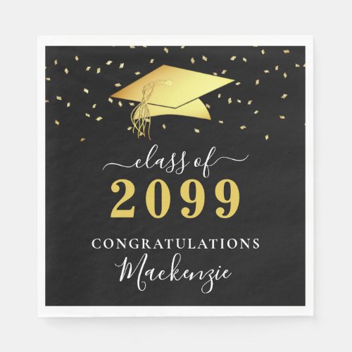 Elegant Black Gold Confetti Script Graduation Napkins