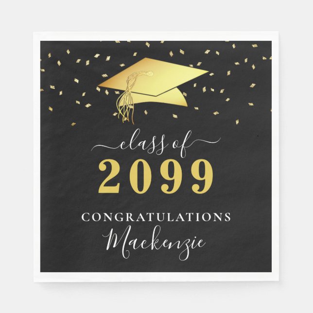 Elegant Black Gold Confetti Script Graduation Napkins (Front)