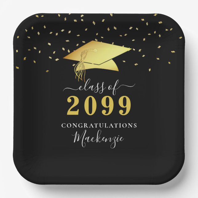 Elegant Black Gold Confetti Script Graduation Paper Plates (Front)