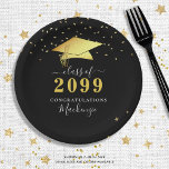 Elegant Black Gold Confetti Script Graduation Paper Plates<br><div class="desc">Elegant personalized black and gold graduation party paper plates featuring a faux metallic gold foil graduation cap, gold confetti, handwritten script typography and class year with CONGRATULATIONS and your graduate's name against an editable black background color you can change to a school color or coordinating party theme color in EDIT....</div>