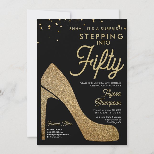 Elegant Black Gold Confetti Surprise 50th Birthday Invitation (Front)
