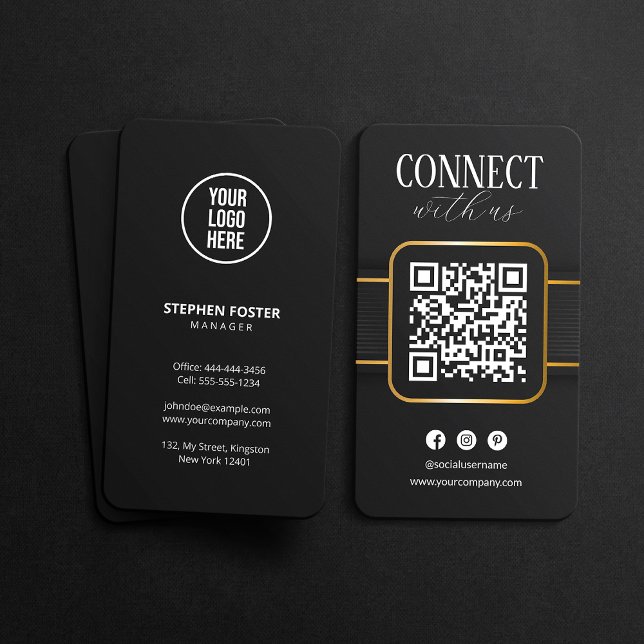Elegant Black Gold Connect With Us QR Code Social  Business Card (Creator Uploaded)