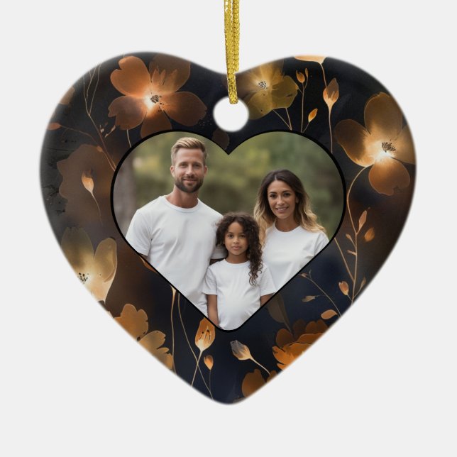 Elegant black gold copper terra cotta floral  ceramic ornament (Front)