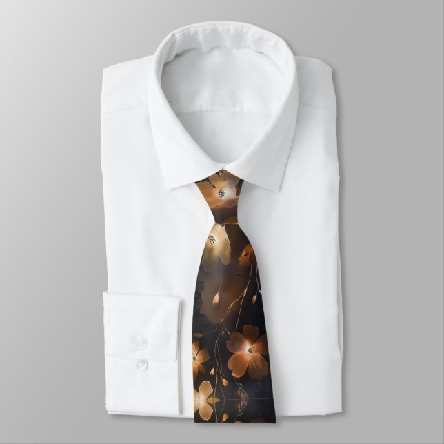 Elegant black gold copper terra cotta floral  neck tie (Tied)