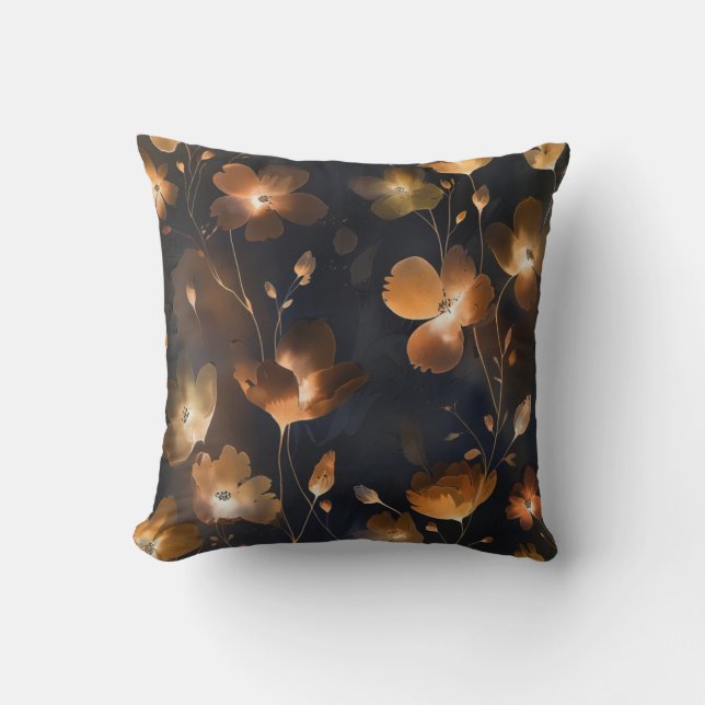 Elegant black gold copper terra cotta floral  throw pillow (Front)
