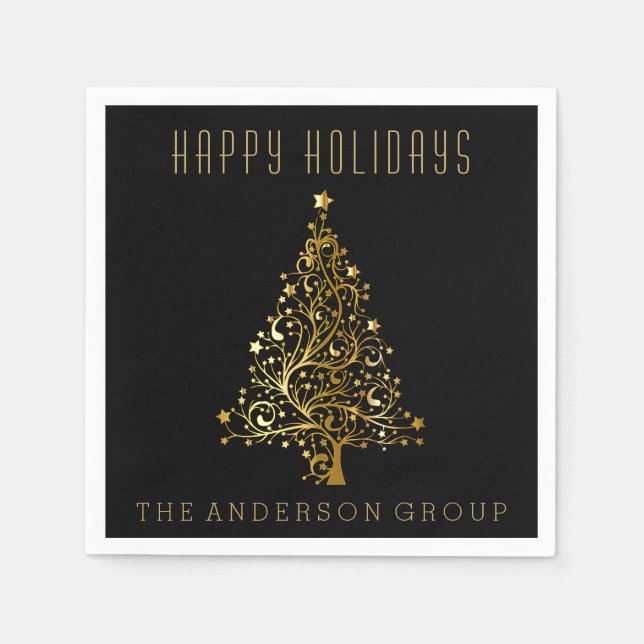 Elegant Black Gold Corporate Office Holiday Party Napkins (Front)