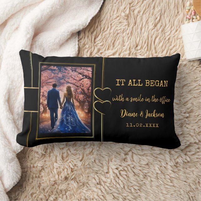 Elegant Black Gold Couple Photo Personalized Lumbar Pillow (Blanket)