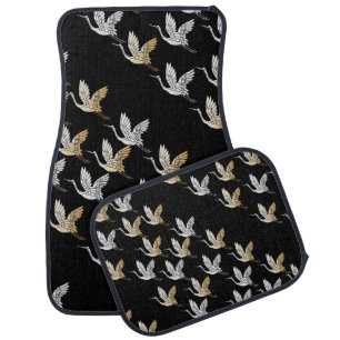 Elegant Black Gold Crane Modern Japanese Art Car Floor Mat