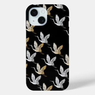 Elegant Black Gold Crane Modern Japanese Art iPhone 15 Case