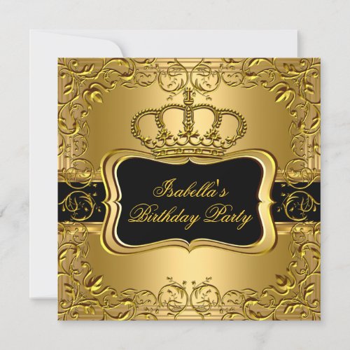 Elegant Black Gold Crown Floral Birthday Party 2 Invitation