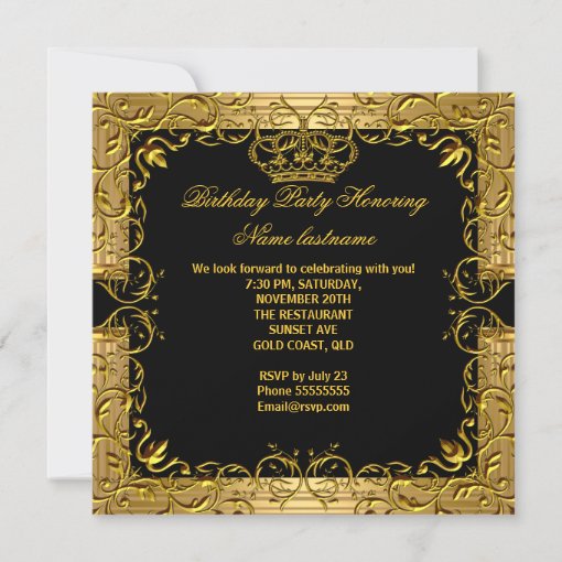 Elegant Black Gold Crown Floral Birthday Party 2 Invitation | Zazzle