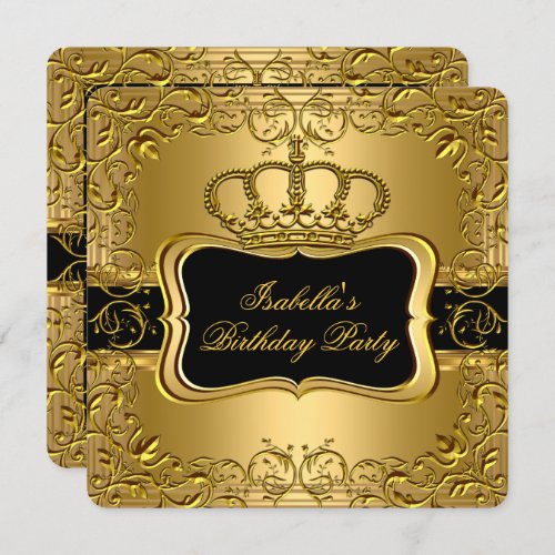 Elegant Black Gold Crown Floral Birthday Party 2 Invitation