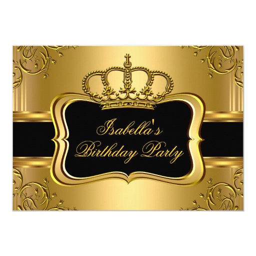 Elegant Black Gold Crown Floral Birthday Party 3 Card | Zazzle