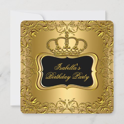 Elegant Black Gold Crown Floral Birthday Party Invitation