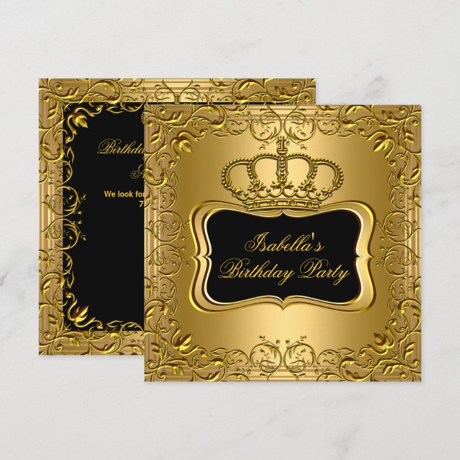 Elegant Black Gold Crown Floral Birthday Party Invitation (Front/Back)