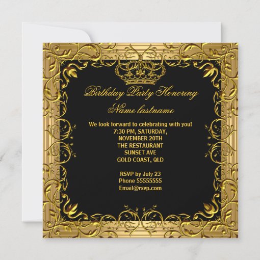 Elegant Black Gold Crown Floral Birthday Party Invitation | Zazzle