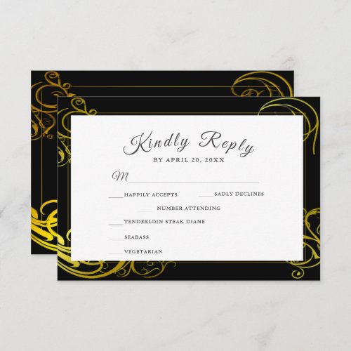 Elegant Black Gold Curls Wedding Dinner Choice    RSVP Card