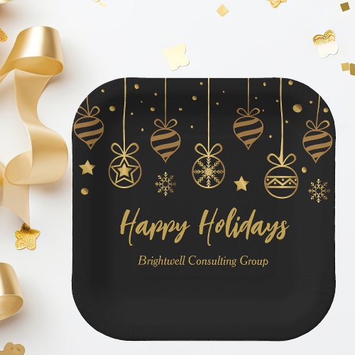 Elegant Black Gold Custom Business Holiday Party Paper Plates