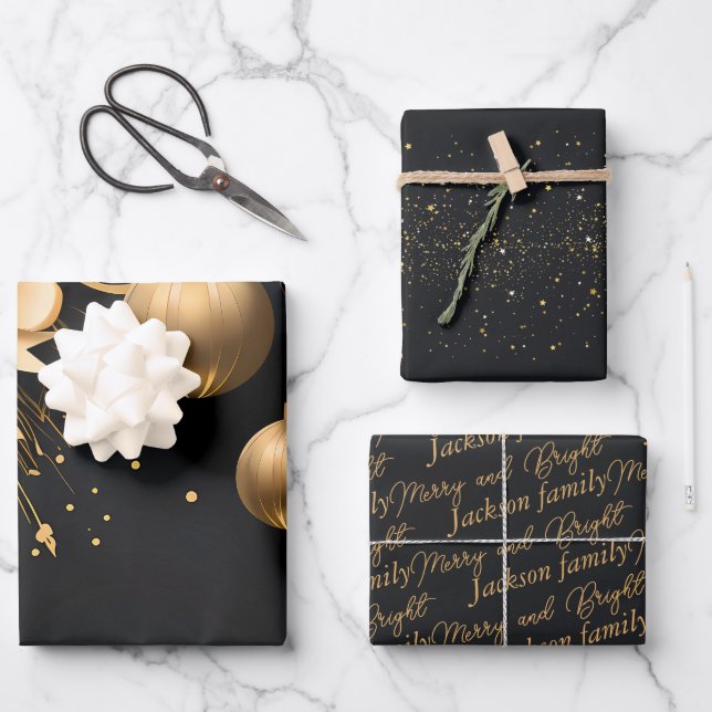 Elegant Black & Gold Custom Christmas Wrapping Wrapping Paper Sheets (Front)